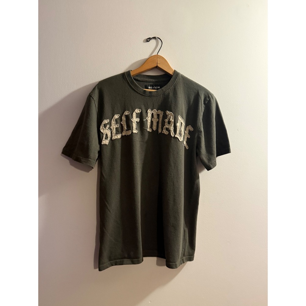 Reason Mens Self Made Graphic Tee Olive Green Distressed Applique Shirt Large